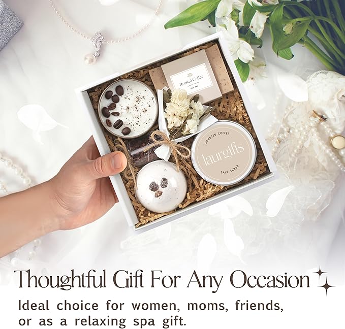 Spa Gift Basket for Women – Small Coffee Scented Candle Set with Bath Bomb & Salt Scrub | Handmade Spa Box Present, Birthday & Housewarming Gift for Her - Bloomnest