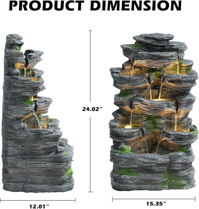Grepatio Outdoor Water Fountain 7 Tier Cascading Rock Waterfalls Fountains with LED Lights and Pump Indoor/Outdoor Modern Floor Standing Garden Water Fountain for Yard, Patio, House Decor - Bloomnest