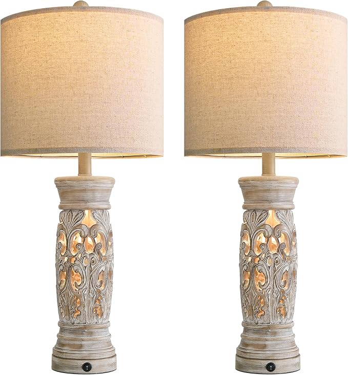 BOBOMOMO 27.25” Rustic Farmhouse Table Lamps Set of 2 – Vintage Bedside Lamps with Night Light & USB A+C Ports, Retro Lamps for Bedroom, Living Room, Entryway, Cozy Corner (Bulbs Included) - Bloomnest