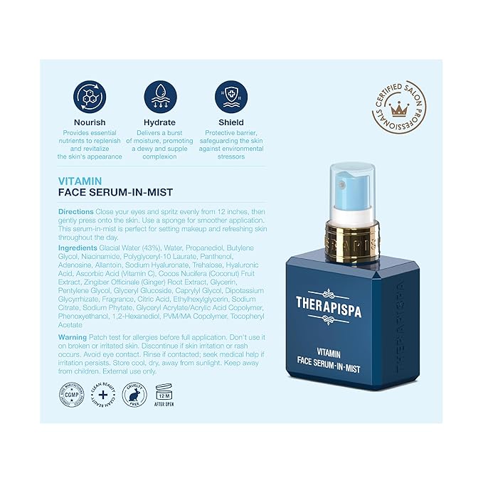 THERAPISPA Face Serum-In-Mist – Glow-Boosting Face Mist & Spray Serum with Niacinamide, Panthenol & Hyaluronic Acid for Smoothing & Hydrating Skin (Vitamin, 2.0 fl oz) - Bloomnest