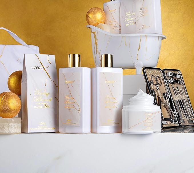 Gifts for Mom, Gift Basket, Spa Gifts For Women, 31Pc Self Care Kit, Stress Relief Gift, Birthday, Thank You, Honey Almond Bath and Body Gift - Toiletry Bag, Nail Kit, Bath Bombs & More - Bloomnest