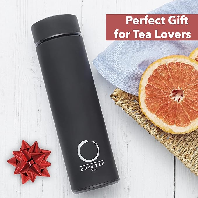 Pure Zen Tea Thermos with Infuser for Hot and Cold Infusions, Coffee and Fruit-Infused Water - Stainless Steel - Tea Infuser Bottle - Leakproof Travel Mug with Filter - 15oz - Black - Bloomnest
