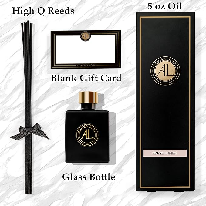 Fresh Linen Reed Diffuser Set - Oil Room Scent Sticks - Non-Toxic Bathroom Diffuser with 5oz Oil - Black Reed Diffusers for Home & Office - Elegant Scented Sticks for Desk - Bloomnest