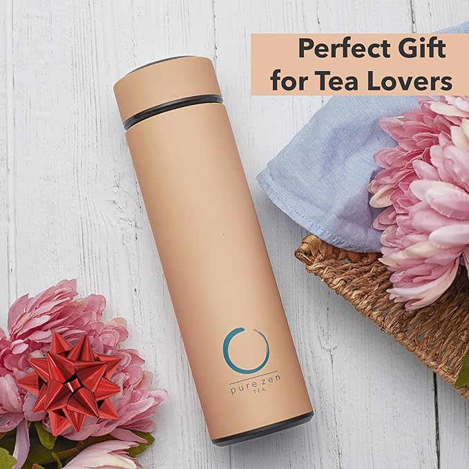 Pure Zen Tea Thermos with Infuser for Hot and Cold Infusions - Stainless Steel - Tea Infuser Bottle - Leakproof Travel Mug with Filter - 15oz - Pink - Bloomnest