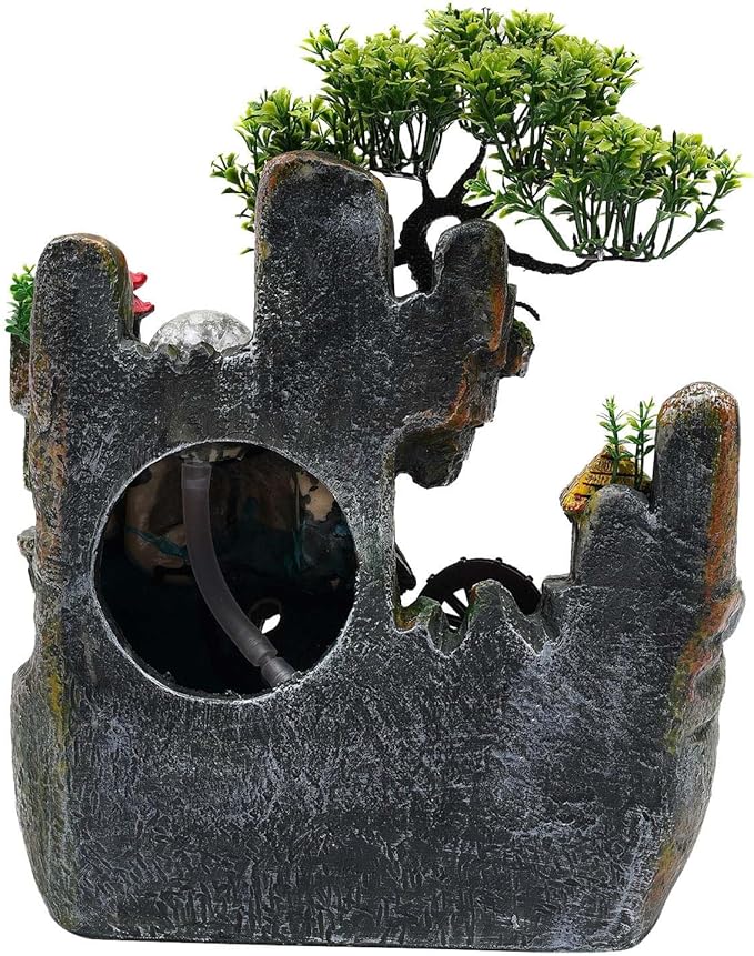 Waterfall Fountain Indoor Mini Waterfall with Led Lights & Atomizer Indoor Fountains and Waterfalls Table Top Water Fountain for Office, Home, Bedroom Desk Decor (Flowing Water & Fishbowl)