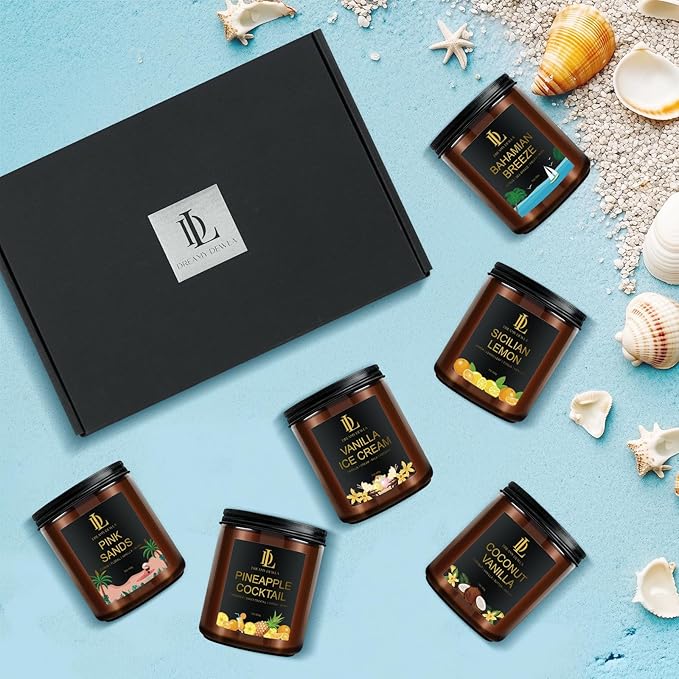 6 Pack Scented Candles Set, 42oz 300 Hour Long Lasting Candle, Soy Candles for Home Scented, Scents of Pink Sands/Coconut Vanilla/Bahama Breeze/Pineapple Cocktail/Sicilian Lemon/Vanilla Ice Cream - Bloomnest