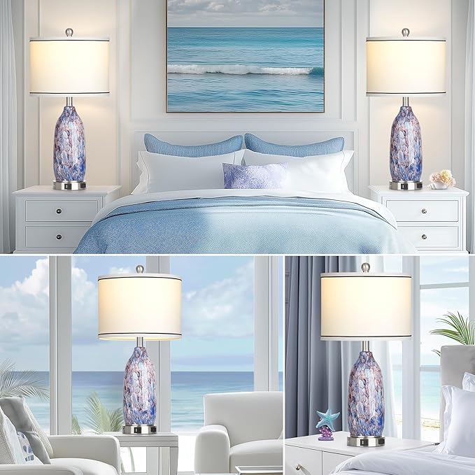 26" Coastal Glass Table Lamps Set of 2 for Living Room, 3 Way Touch Bedside Lamp for Bedroom, Nautical Beachy Lamp with USB A+C Ports and AC Outlet for Nightstand, 2 LED Bulbs Included - Bloomnest