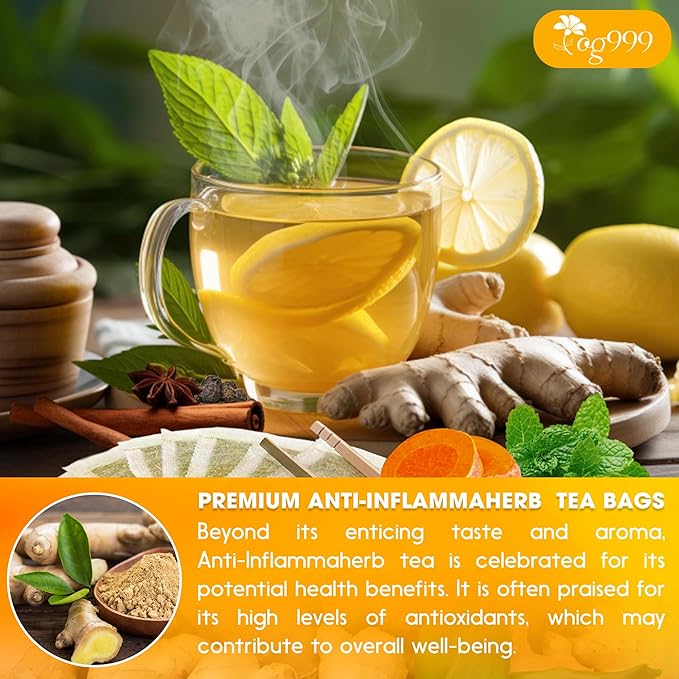 20 Tea Bags - Anti-Inflammaherb Loose Leaf Tea, 100% Natural from Ginger, Turmeric, Peppermint, Black Pepper, Cinnamon. No Sugar, No Caffeine, No Gluten, Vegan - Bloomnest