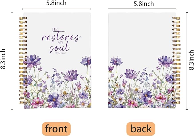 Christian Notebook for Women, Christian Art Gifts Journal, Prayer Journal for Women, Bible Journaling Notebook, PSALM 23:3 He Restores My Soul Floral Spiral Notebook 5.5x8.3 - Bloomnest