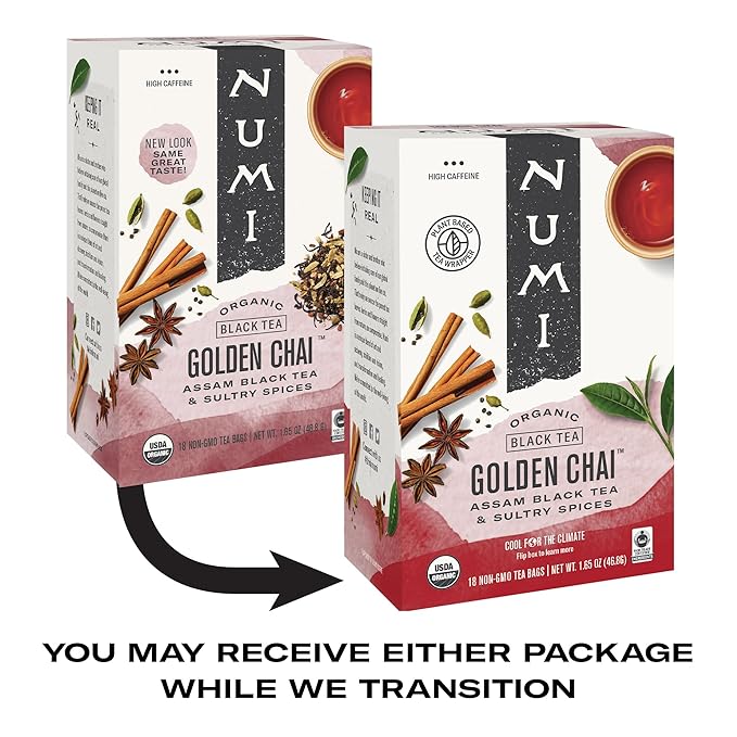Numi Organic Golden Chai Tea, 18 Tea Bags, Assam Black Tea, Cardamom, Ginger & Anise (Packaging May Vary) (Pack of 2) - Bloomnest