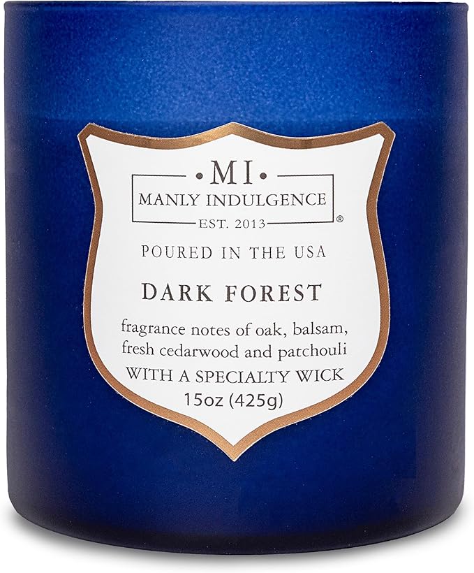 Manly Indulgence Dark Forest Scented Jar Candle for Men, Wood Wicked Candle, 15 oz - Oak, Balsam, Fresh Cedarwood & Patchouli - Up to 60 Hours Burn, Soy Blend Wax, USA Poured, Navy Blue - Bloomnest
