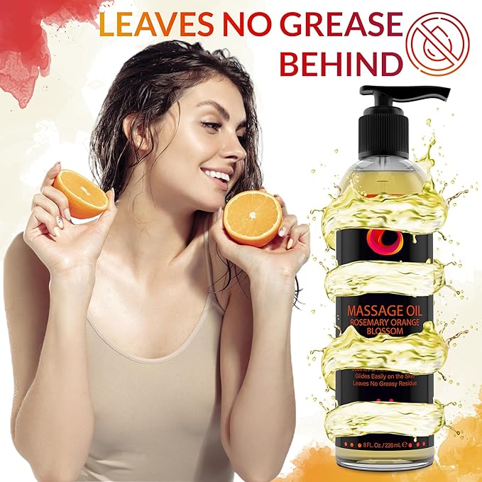 Massage Oil for Couples, Women & Men (1 Bottle, 8 fl oz) - Fox Envy Orange Blossom with Rosemary Scented Sensual Oil with Coconut Oil & Jojoba Oil - Enhances Stimulation for The Body & Muscles - Bloomnest