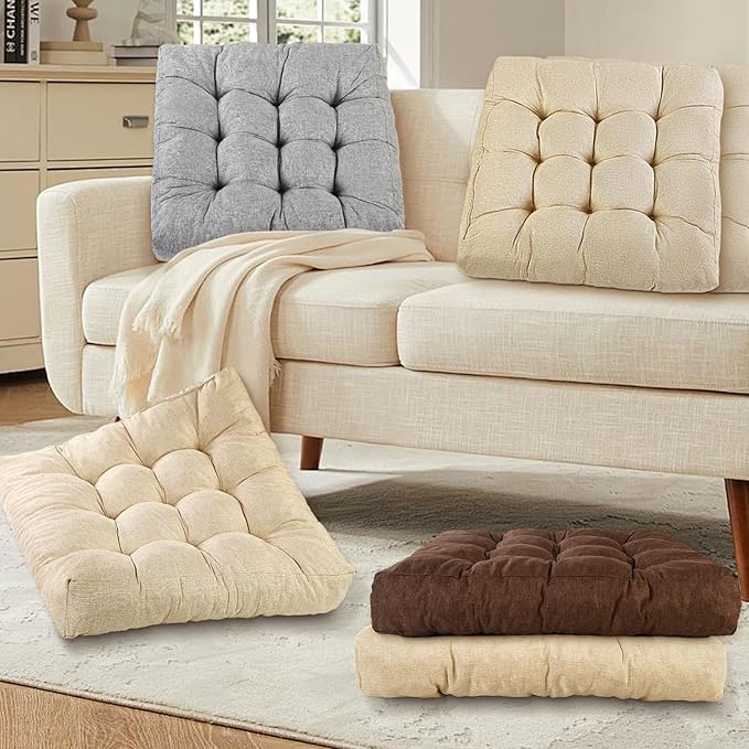 Meditation Floor Cushions, Thickened Floor Pillow for Adults, Large Square Pillows Seat Cushion for Tatami Living Room Yoga, Memory Sponge Block Added, 22x22 Inch, Beige