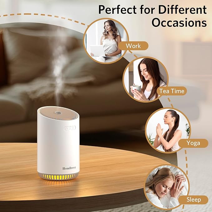 Portable Aromatherapy Diffuser 320ml, Rechargeable Essential Oil Diffuser with LED Light, Cool Mist Humidifier with 2 Mist Modes, Auto Shut-Off, Cordless Use for Home, Office, Bedroom - White - Bloomnest