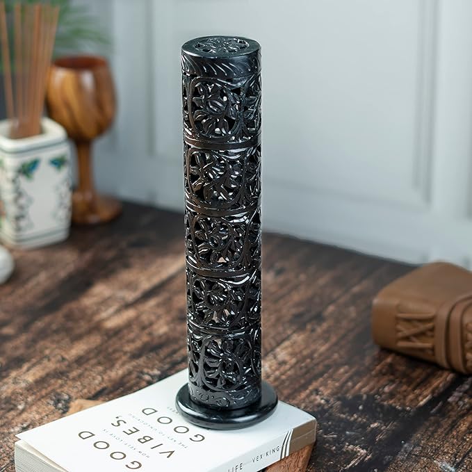 Crocon Handmade Black Marble Soapstone Incense Stick Burner Round Shape Elephant Tower Burner | Incense Cone & Candle Stick Holder | Decorative Home & Kitchen | Living Room Decor | Best Gift Set