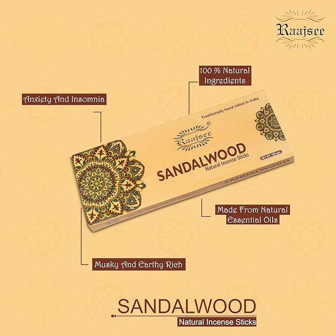 Raajsee Sandalwood Incense Sticks 100 Gm Pack-100% Pure Organic Natural Hand Rolled Free from Chemicals-for Church,Aroma Therapy,Relaxation,Meditation & Sensual Therapy RAAJSEE