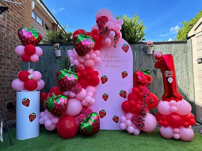 Strawberry Balloon Arch, Red and Pink Green Balloons with Strawberry Balloons Garland Arch Kit for Sweet Girl Berry First Themed Baby Shower Valentine's Day Birthday Party Decorations Set - Bloomnest