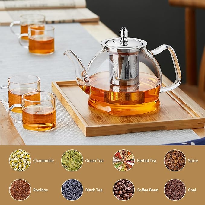 1200ml Glass Teapot with Removable Infuser, Stovetop Safe Tea Kettle, Blooming and Loose Leaf Tea Maker Set - Bloomnest