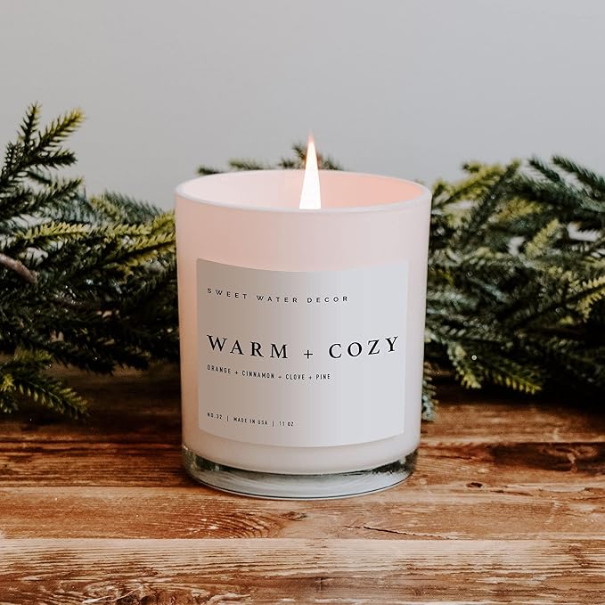 Sweet Water Decor Warm and Cozy Soy Candle - Pine, Orange, Cinnamon, and Fir Winter Scented Candle for Home - 11oz White Jar with Wood Lid, 50+ Hour Burn Time, Made in The USA - Bloomnest