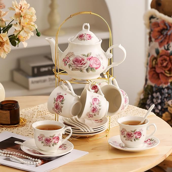 20-Pieces Tea Set For Adult with Golden Metal Rack,Porcelain Tea Sets For Women,Tea Gift Sets for Home&Party(016) - Bloomnest