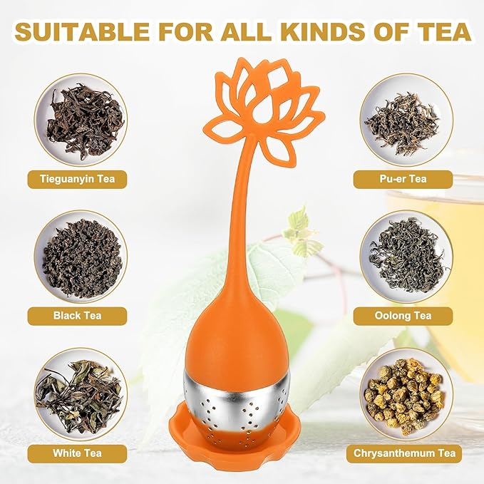 uxcell 2 Pcs Lotus Tea Infuser, Stainless Steel Loose Leaf Tea Steeper Filter with Silicone Handle Reusable Coarse Pores Mesh Strainer Diffuser for Teacups Teapots Mugs, Orange - Bloomnest