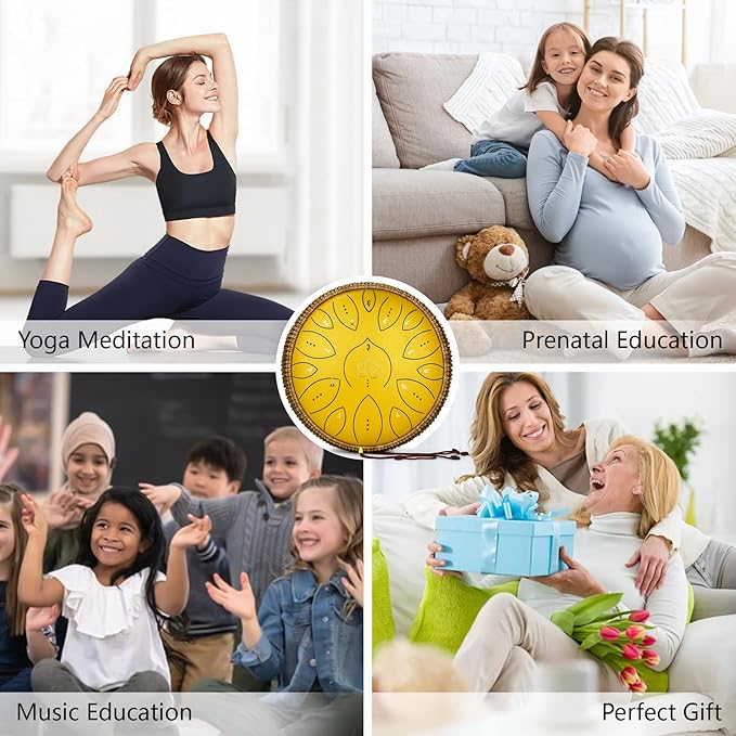 Steel Tongue Drum 13 Inches 15 Notes, Hand Pan Drums for Adults 440hz, C Major Handpan Musical Instrument with Song Book, Mallets and Carry Bag, Yellow - Bloomnest
