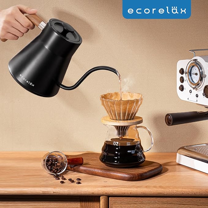 ECORELAX Gooseneck Electric Kettle, ±1℉ Temperature Control Pour Over Kettle for Coffee, Tea & Water, Stainless Steel 1200 W Keep Warm OLED Display 1 L (Black) - Bloomnest