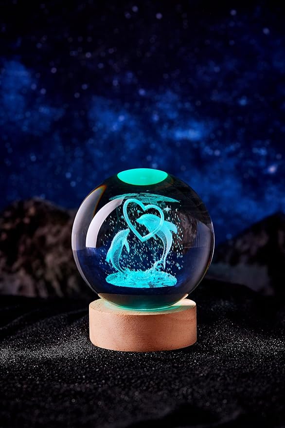 3D Large Dolphin Crystal Ball Night Light with Wooden Base, Dolphins Crystal Lamp Gift for Kids Friends, 16 Color Change with Remote Control, Laser Engraved Underwater World Glass Ball Lamp (Dolphin) - Bloomnest