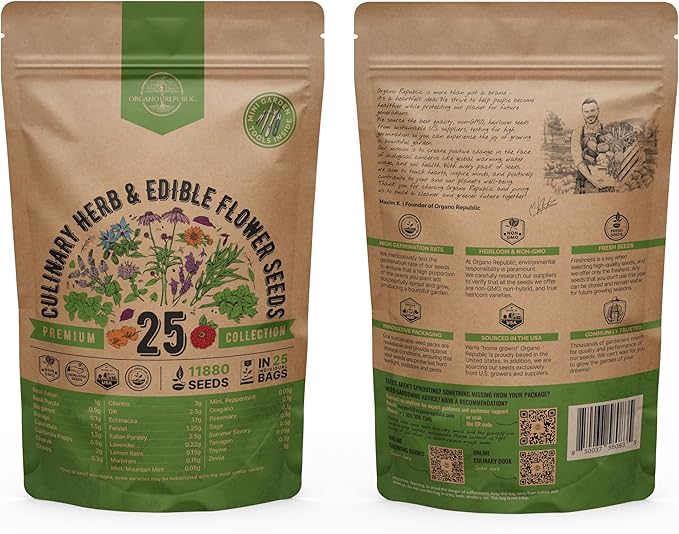 25 Culinary Herbs & Edible Flower Seed Variety Pack for Planting Indoor & Outdoors. 11900+ Non-GMO Heirloom Flower Seeds: Basil, Borage, Echinacea, Lavender, Oregano, Rosemary Seeds & More - Bloomnest