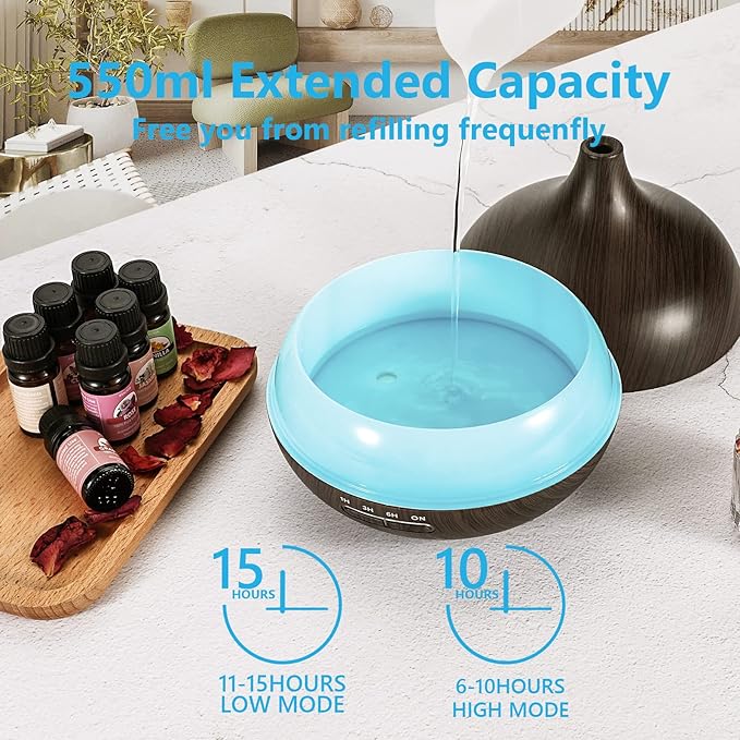 SACATR 550ml Oil Diffuser with 15x10mL Essential Oils, Ultrasonic Technology, Remote Control for Home Office - Bloomnest