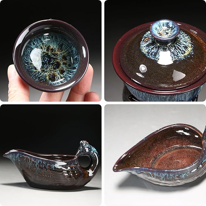 Chinese Gongfu Tea Set - Ceramic Teapot with Infuser, 8 Cups, Semi Automatic Dragon Design for Loose Leaf Tea