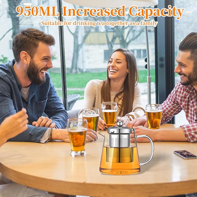 Glass Teapot with Stainless Steel Infuser, Borosilicate Tea Kettle, Clear Tea Maker for Loose Leaf Tea (950ML)