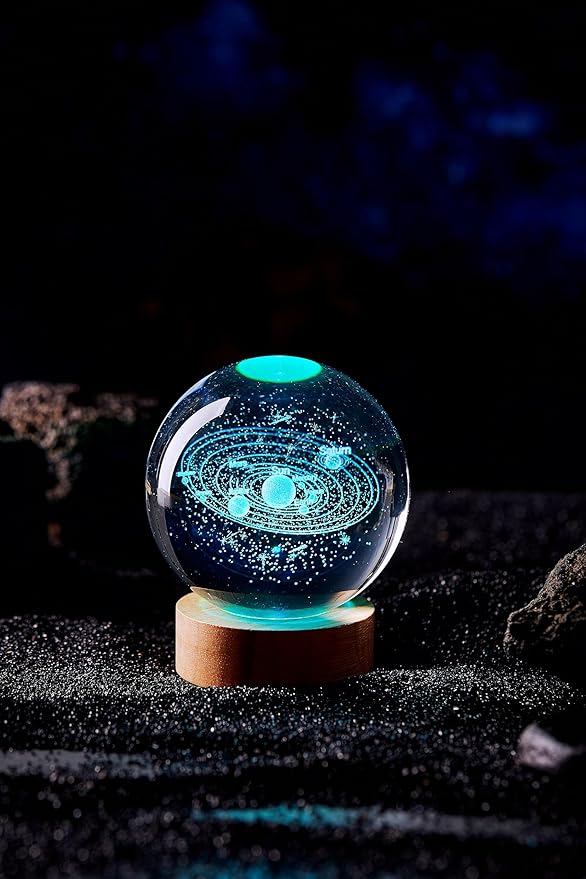 3D Large Solar System Crystal Ball Night Light with Wooden Base, Galaxy Crystal Lamp Gift for Kids Wife Friends, 16 Color Changing with Remote Control, 3.15 inch Planet Glass Ball Lamp (Solar System) - Bloomnest