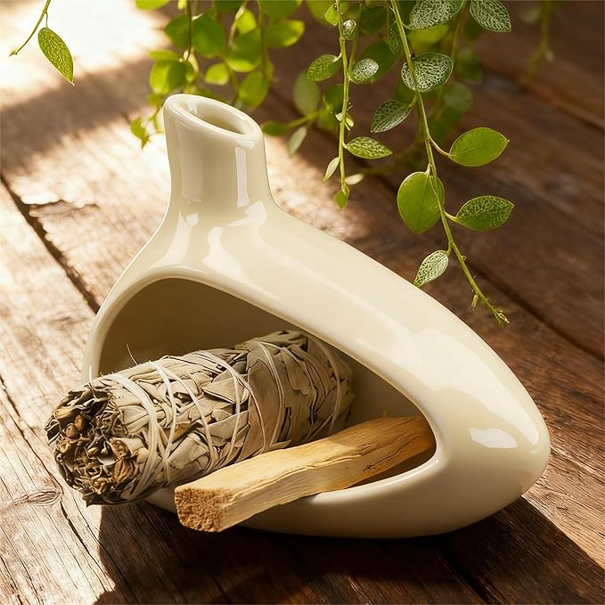 Palo Santo Holder, Ceramic Incense Burner for Sticks Sage Holders Cone Burning Smudge Bowl with Ash Brush for Meditation Yoga Spa Room Decor (Yellow) - Bloomnest