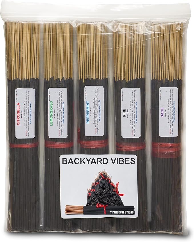 Aroma Depot Backyard 11'' Incense Sticks - Variety Set 500 Pack - 11 inch - 5 Bundles 100 Sticks Per Scent. Set Features Citronella, Lemongrass, Peppermint, Pine, and Sage AromaDepotInc