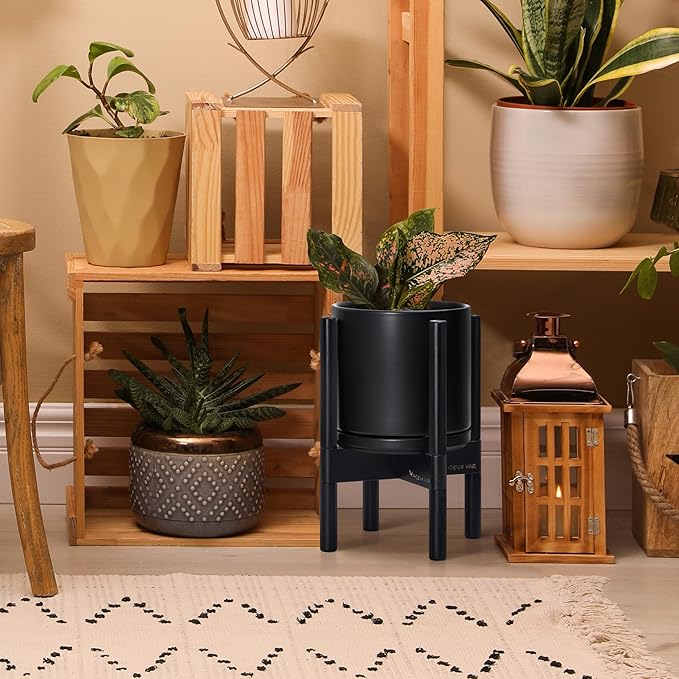 D'vine Dev Ceramic Planter with Ebony Stand - 8 Inch Modern Round Flower Pot with Wood Planter Holder, Black, 55-B-M-2 - Bloomnest