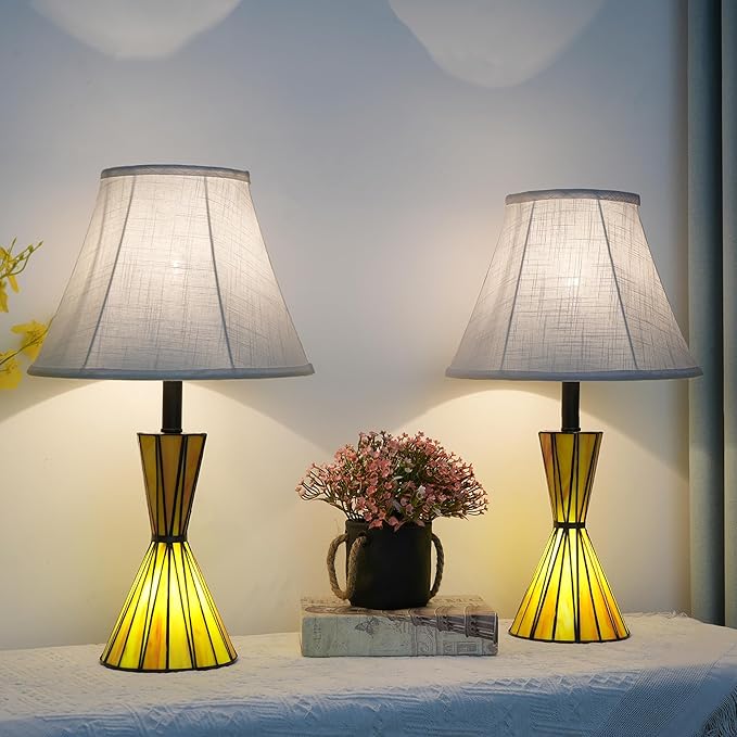 Glass Table Lamps Set of 2, Modern Bedside Lamps with Night Light for Bedroom 3-Way Dimmable Nightstand Lamp with White Linen Shade for Bedroom Living Room Decor - Bloomnest