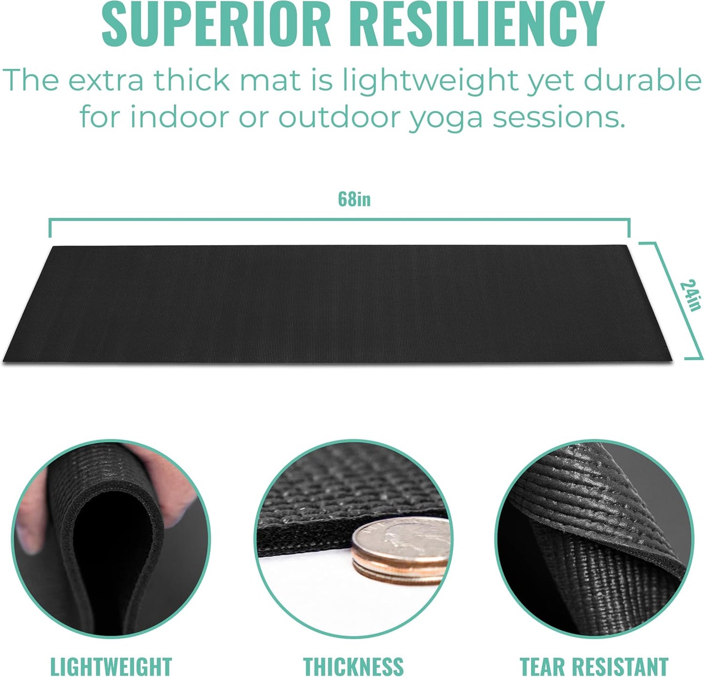 10-Pack Classic Yoga Mat With Carrying Strap, 68" x 24" Non Slip Exercise Mat, 4mm Thick Fitness Mat, Anti-Tear, Bulk Yoga Mats for Home Workout, Gym, School, or Studio