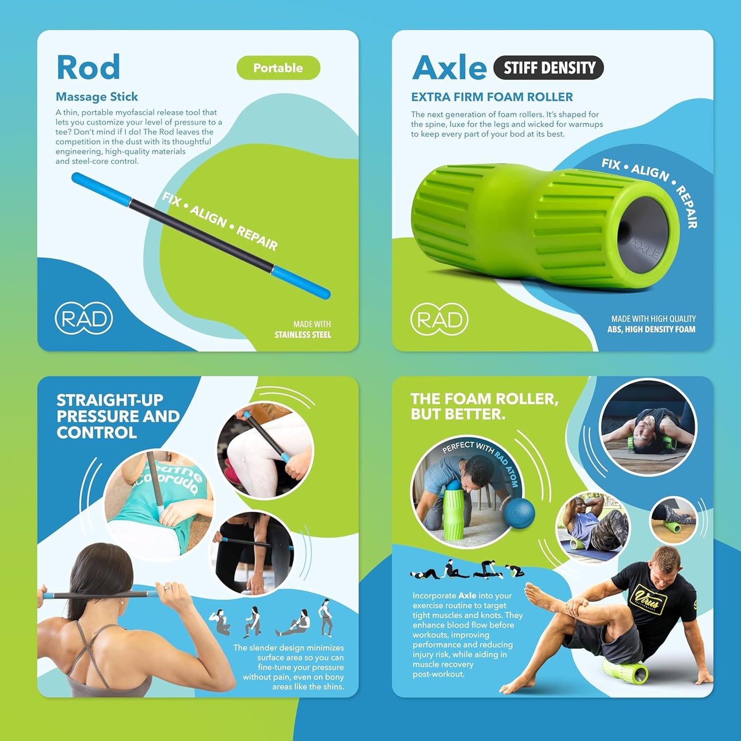 RAD Mobility Starter Pack for Myofascial Release, Muscle Recovery, and Tension Relief – Includes Exercise Foam Roller, Peanut Massage Ball, and Massage Stick