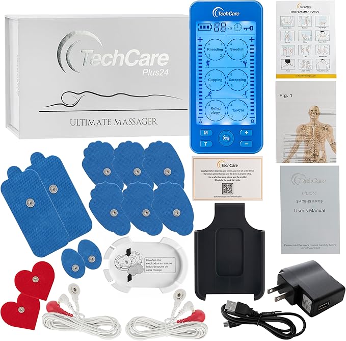 Tens Unit Plus 24 Rechargeable Electronic Pulse Massager Machine Multi Mode Device with All Accessories (Blue)
