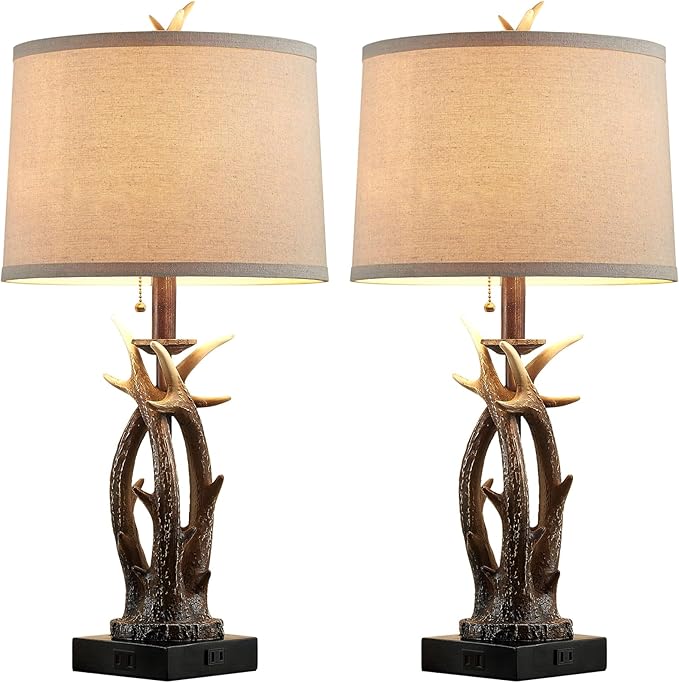 Farmhouse Deer Antler Table Lamps Set of 2 Rustic Western Bedside Lamp with USB A+C & Outlet Vintage Nightstand Lamps for Log Cabin Bedroom Hunting Themed Living Room End Table Cottage Home Decor - Bloomnest