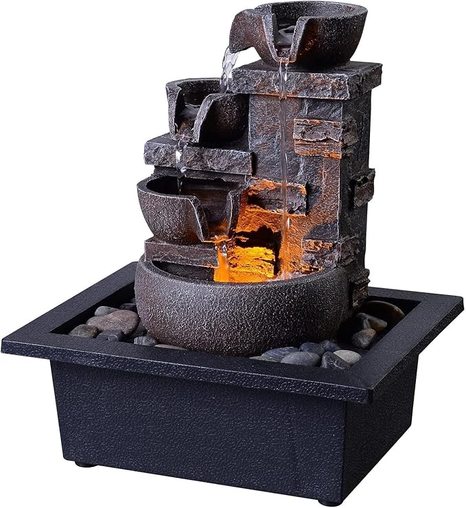 Kalona Décor Desktop Fountain - 10" 4-Tier Design with Imitation Stone, Indoor Waterfall Tabletop River Rocks & Resin Material for Serene Meditation & Relaxation - Ideal for Home & Office Decor - Bloomnest