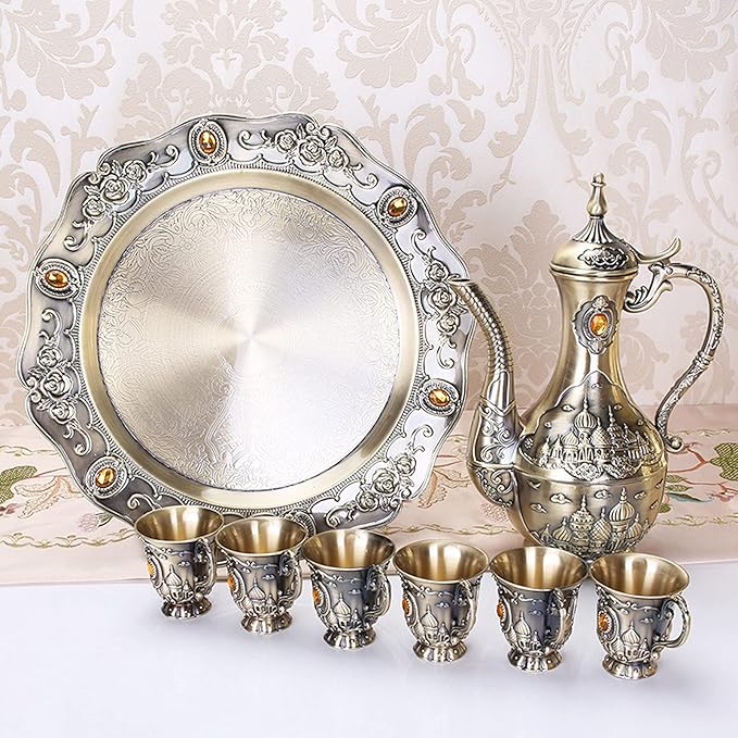 Vintage Turkish Coffee Pot Set for 6 Including Tray and Teapot,Metal Cups,Teapot and Cup Set for One,Tea Service Set for Home Tea Table Decor,Wedding Ornaments(Brass) - Bloomnest