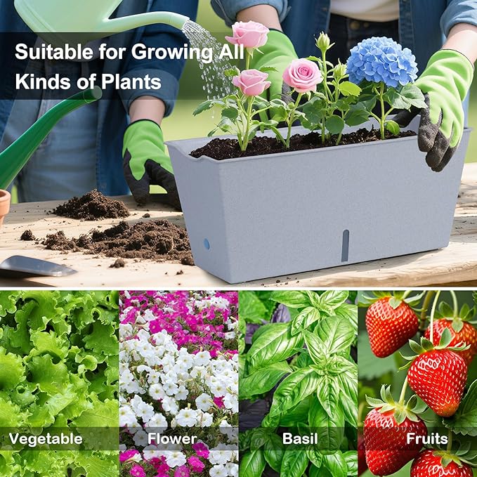 Window Box Planter 6 Pcs, 16.5 Inches Self Watering Rectangle Flower Plant Pots with Drainage Holes Trays, Vegetable Planters for Windowsill Patio Garden Balcony Porch Yard (Grey) - Bloomnest