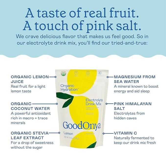 GOODONYA Organic Hydration Electrolyte Drink Mix, Certified Organic Hydration Powder, Non-GMO, Biochecked Glyphosate Free, Low Sugar, Lemonade Flavor, No Artificial Flavors, 42 Servings - Bloomnest
