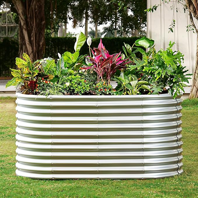 Land Guard 6x3x3ft Oval Galvanized Raised Garden Beds, Large-Capacity Metal Planter Box Outdoor, Durable Deep Raised Garden Bed 3ft Tall, Raised Beds for Gardening Vegetables, Classic Silver - Bloomnest