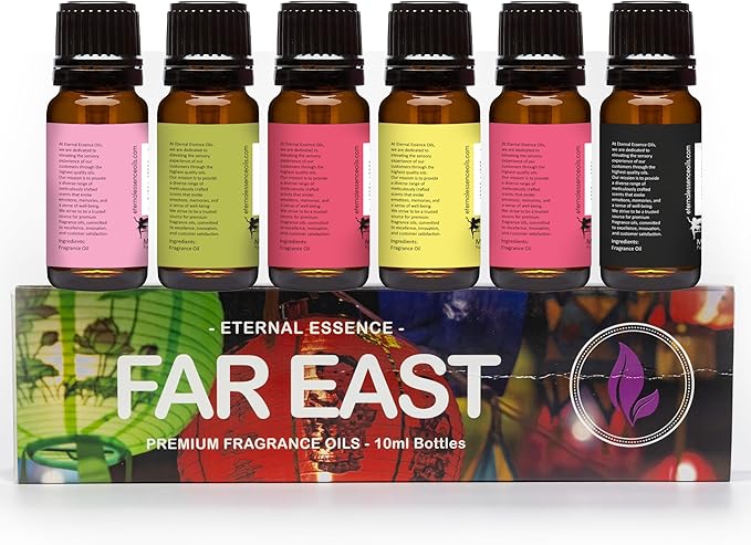 Eternal Essence Oils Far East Set of 6 Premium Fragrance Oils - Includes Water Lily, Bamboo & Teak, Frangipani, Azalea, Ylang Ylang and Dragon's Blood Scented Oils - 10ML - Bloomnest