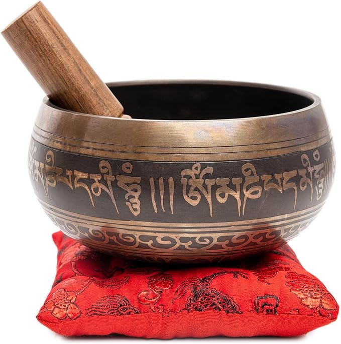 Tibetan Singing Bowl Set Authentic – Handmade in Nepal Sound & Meditation Bowl – Spiritual Decor for Yoga, Wellness Spaces & Relaxation by Himalayan Bazaar (Brown & Red) - Bloomnest