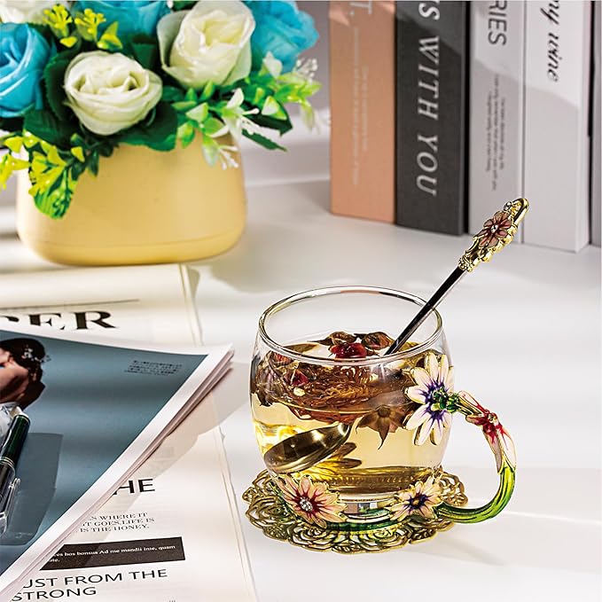 Flower Tea Cup ,Daisy Flower Clear Glass Fancy Coffee Cup with Spoon,Gift Box for Her Mom Wife Grandma Girls Friends Valentines Christmas Birthday Present Idea for Juice,Hot And Cold Drinks Use - Bloomnest