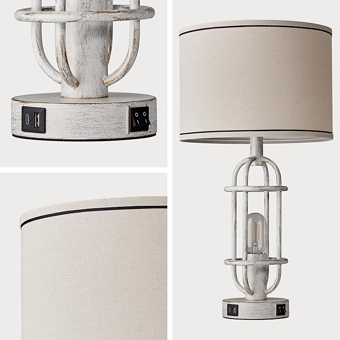 22.3" Farmhouse Table Lamps Set of 2, Vintage Lamps for Living Room End Tables, Bedroom Lamp for NightStand with USB C+A Ports, Antique White - Bloomnest